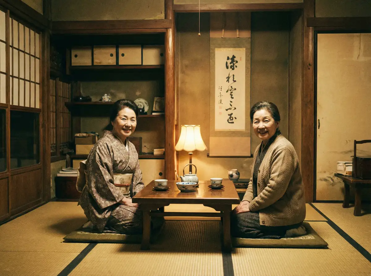 两位优雅的 青鸾殇 在日式茶室中品茶交谈